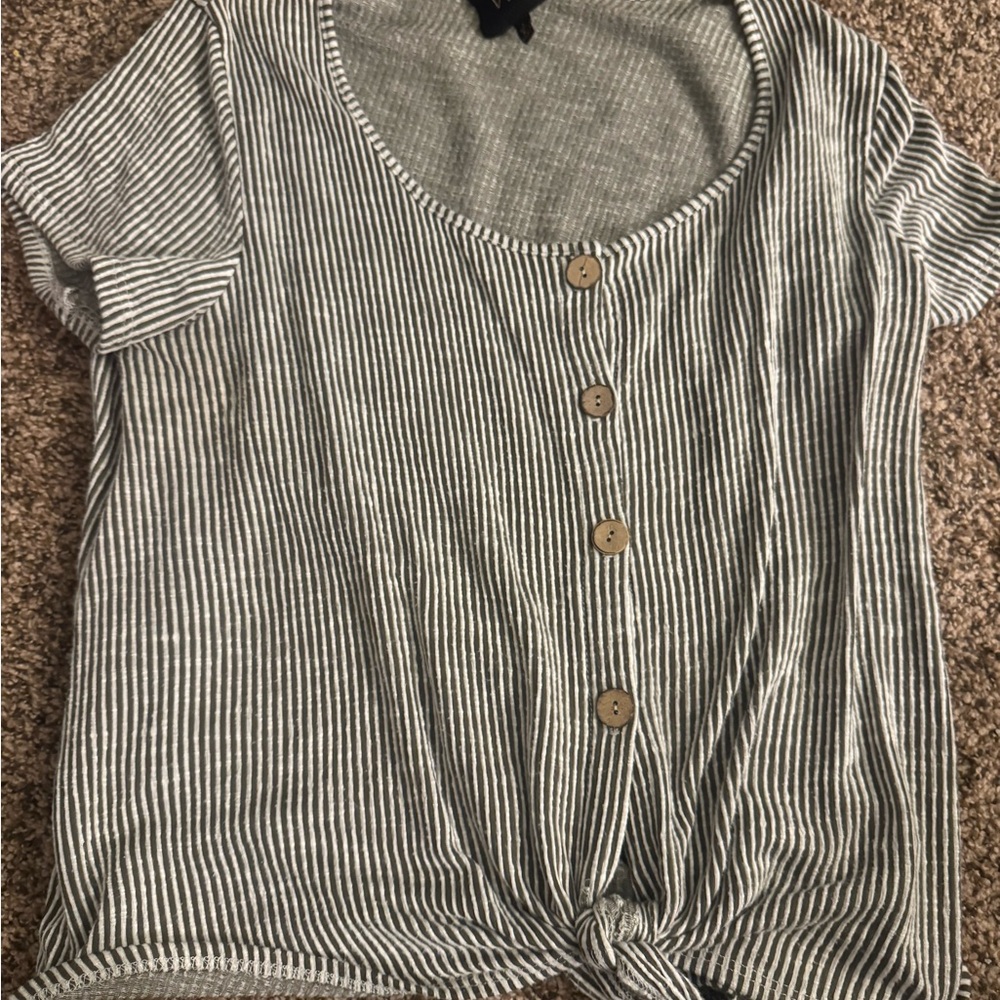 W5 Black and White Striped Button-Front Tee